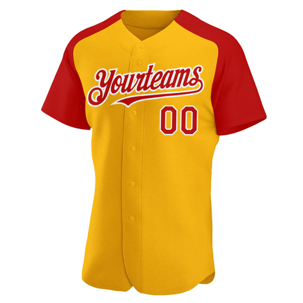 Custom Gold Red-White Authentic Raglan Sleeves Baseball Jersey