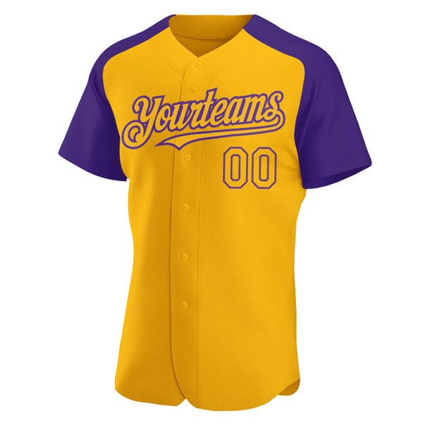 Custom Gold Purple Authentic Raglan Sleeves Baseball Jersey