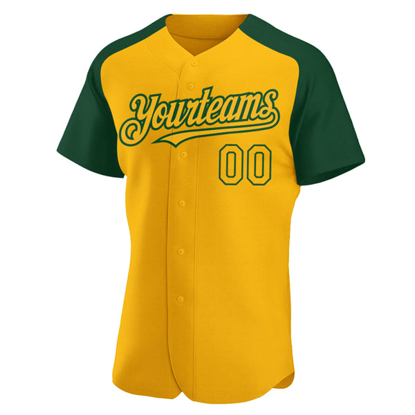 Custom Gold Green Authentic Raglan Sleeves Baseball Jersey