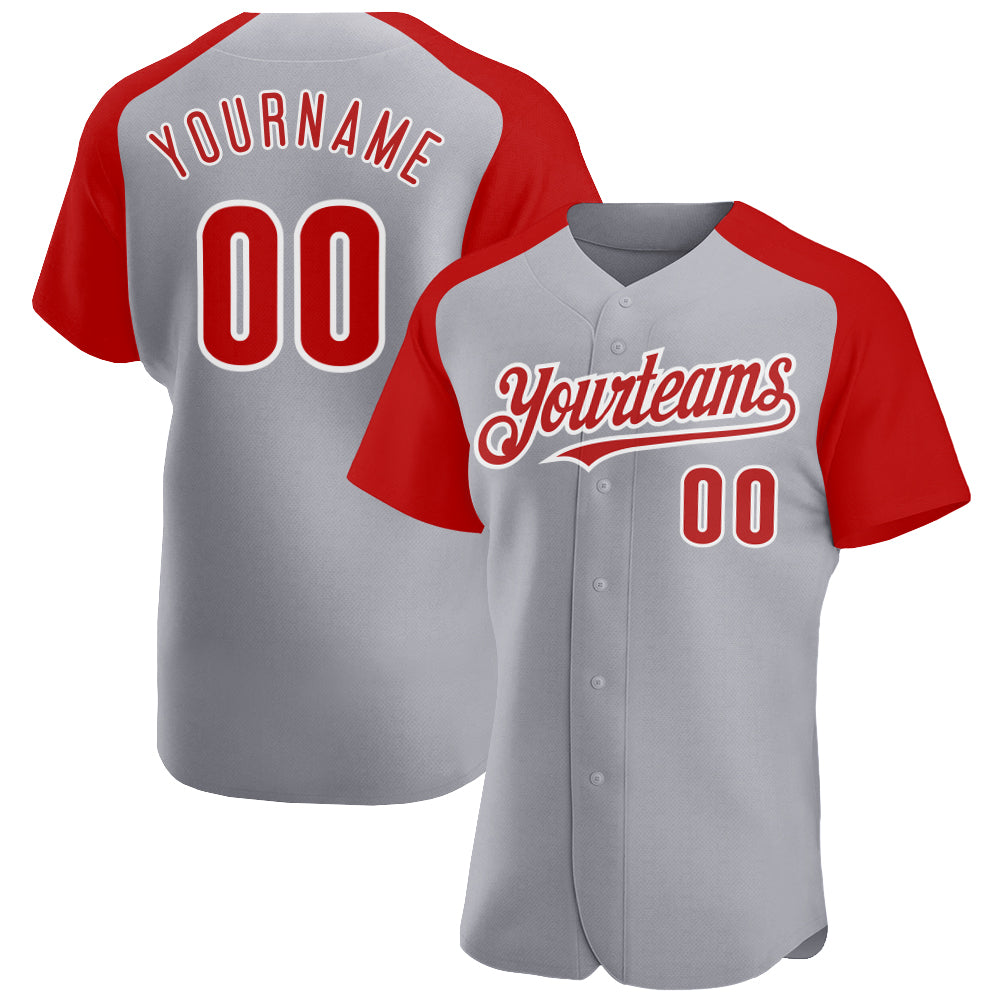 Custom Gray Red-White Authentic Raglan Sleeves Baseball Jersey