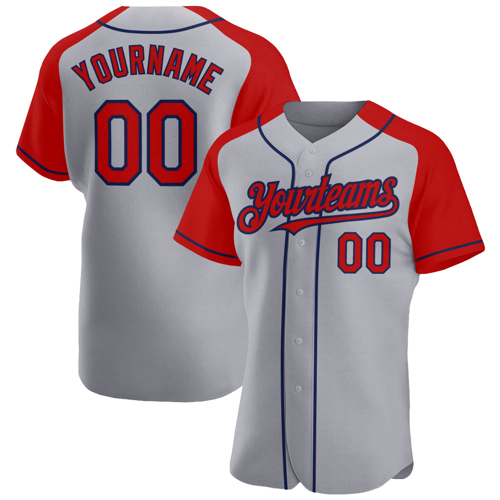 Custom Gray Red-Navy Authentic Raglan Sleeves Baseball Jersey