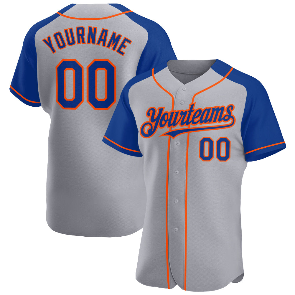 Custom Gray Royal-Orange Authentic Raglan Sleeves Baseball Jersey