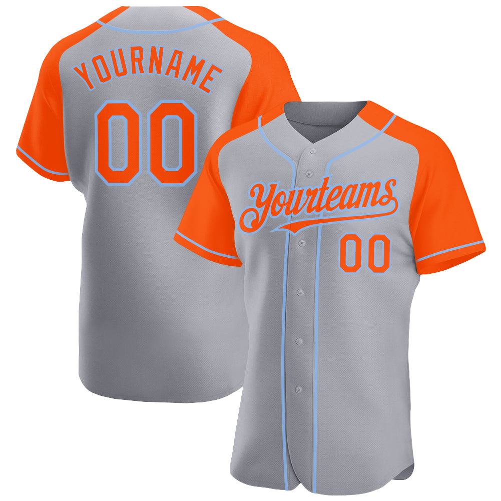 Custom Gray Orange-Light Blue Authentic Raglan Sleeves Baseball Jersey