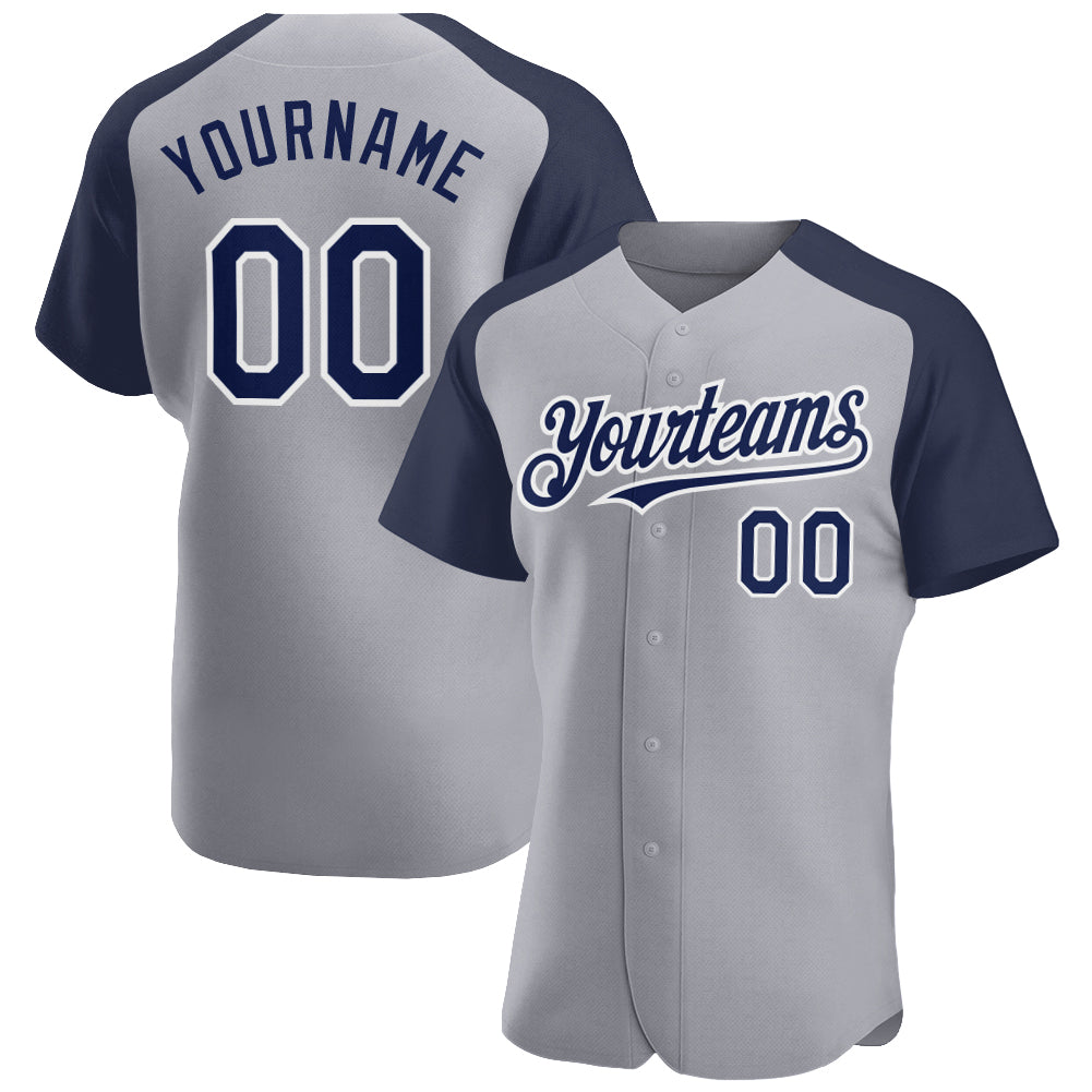 Custom Gray Navy-White Authentic Raglan Sleeves Baseball Jersey