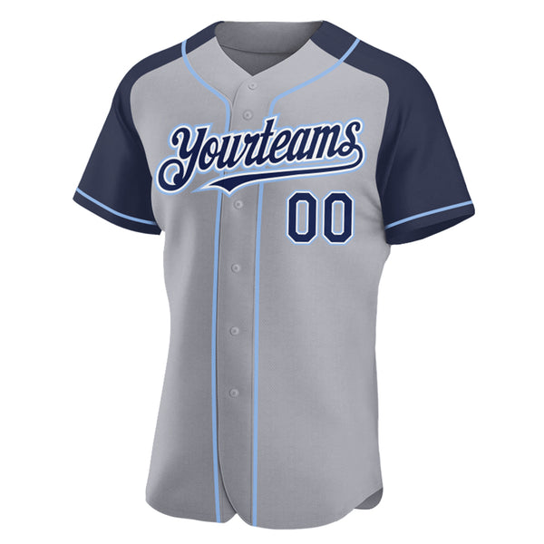 Custom Gray Navy-Light Blue Authentic Raglan Sleeves Baseball Jersey