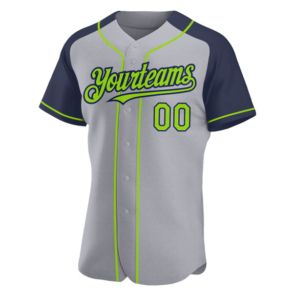 Custom Gray Neon Green-Navy Authentic Raglan Sleeves Baseball Jersey