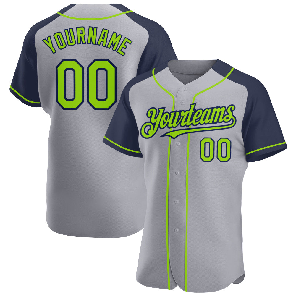 Custom Gray Neon Green-Navy Authentic Raglan Sleeves Baseball Jersey