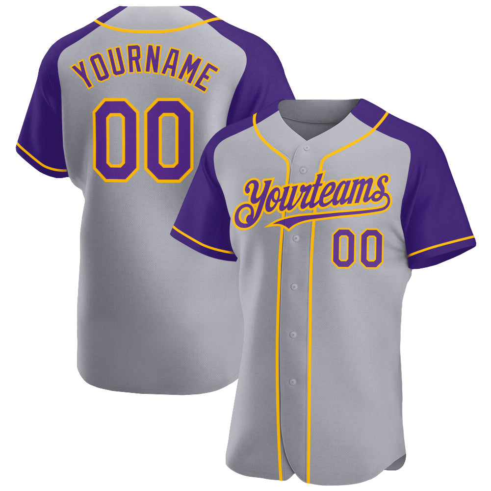 Custom Gray Purple-Gold Authentic Raglan Sleeves Baseball Jersey
