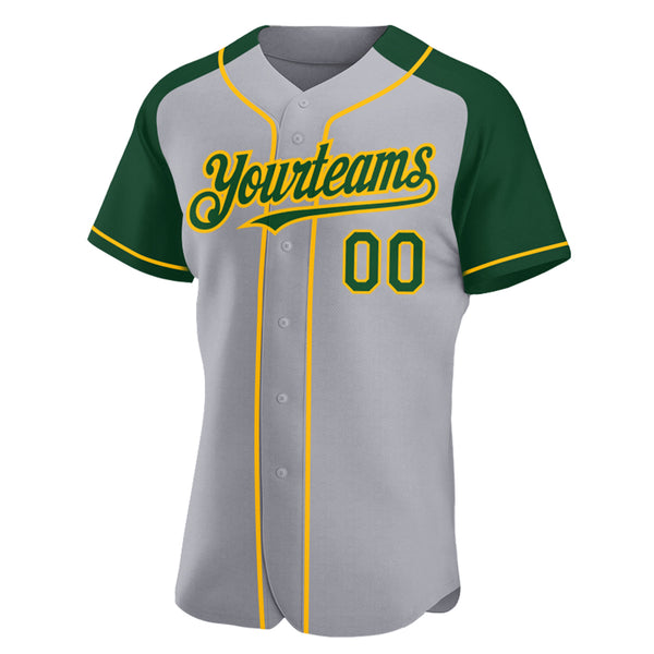 Custom Gray Green-Gold Authentic Raglan Sleeves Baseball Jersey