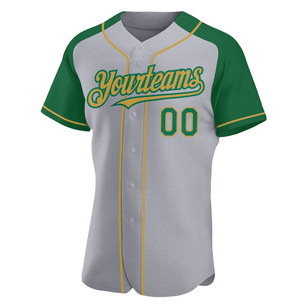 Custom Gray Kelly Green-Old Gold Authentic Raglan Sleeves Baseball Jersey