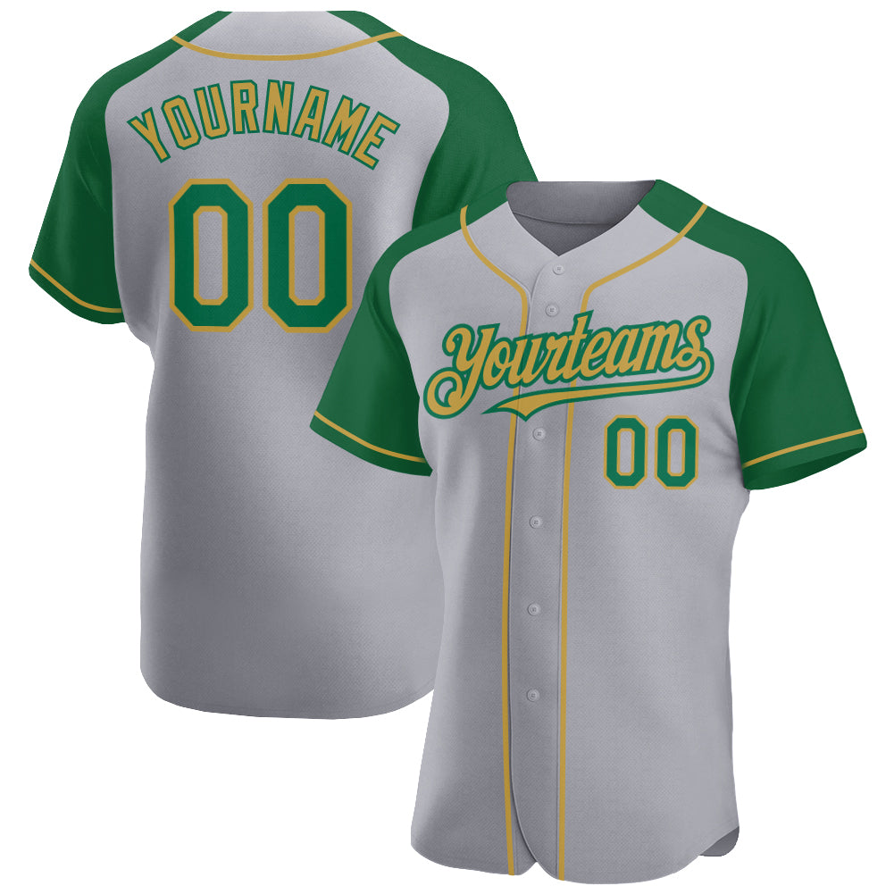 Custom Gray Kelly Green-Old Gold Authentic Raglan Sleeves Baseball Jersey