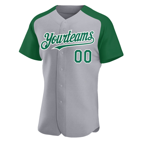 Custom Gray Kelly Green-White Authentic Raglan Sleeves Baseball Jersey
