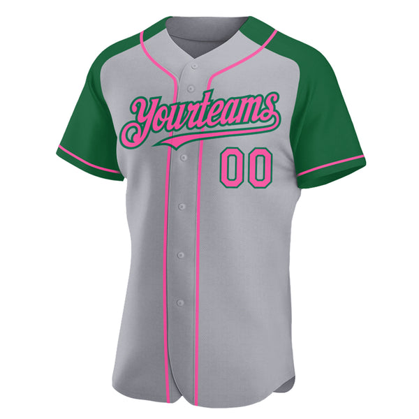 Custom Gray Pink-Kelly Green Authentic Raglan Sleeves Baseball Jersey