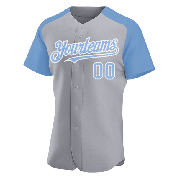 Custom Gray Light Blue-White Authentic Raglan Sleeves Baseball Jersey