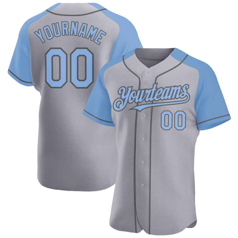 Custom Gray Light Blue-Steel Gray Authentic Raglan Sleeves Baseball Jersey
