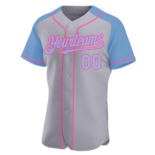 Custom Gray Light Blue-Pink Authentic Raglan Sleeves Baseball Jersey