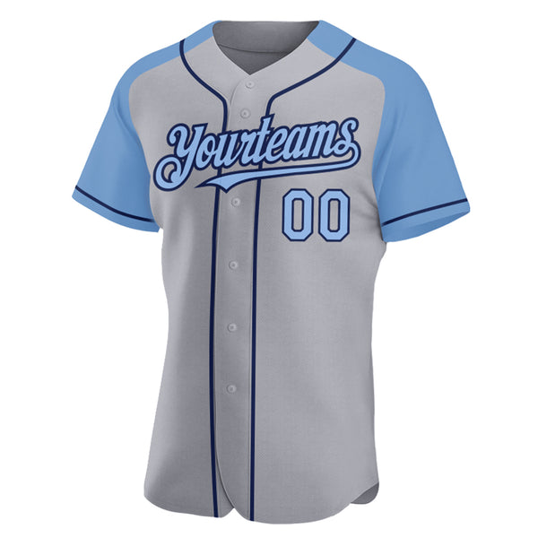 Custom Gray Light Blue-Navy Authentic Raglan Sleeves Baseball Jersey