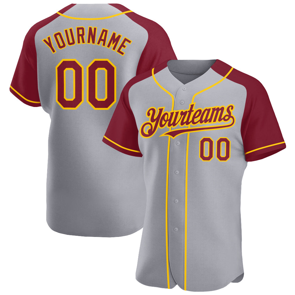 Custom Gray Crimson-Yellow Authentic Raglan Sleeves Baseball Jersey