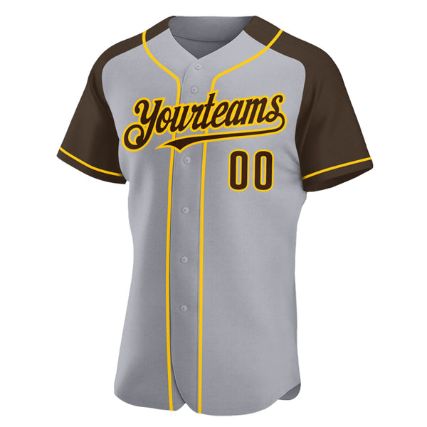 Custom Gray Brown-Yellow Authentic Raglan Sleeves Baseball Jersey