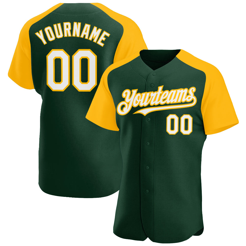 Custom Green White-Gold Authentic Raglan Sleeves Baseball Jersey