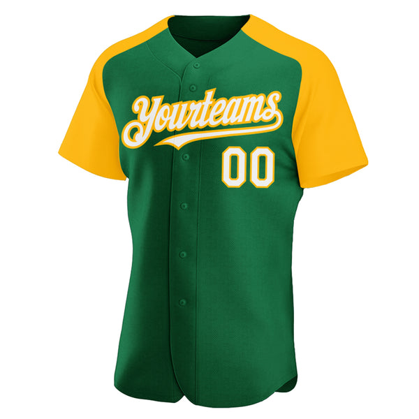 Custom Kelly Green White-Gold Authentic Raglan Sleeves Baseball Jersey