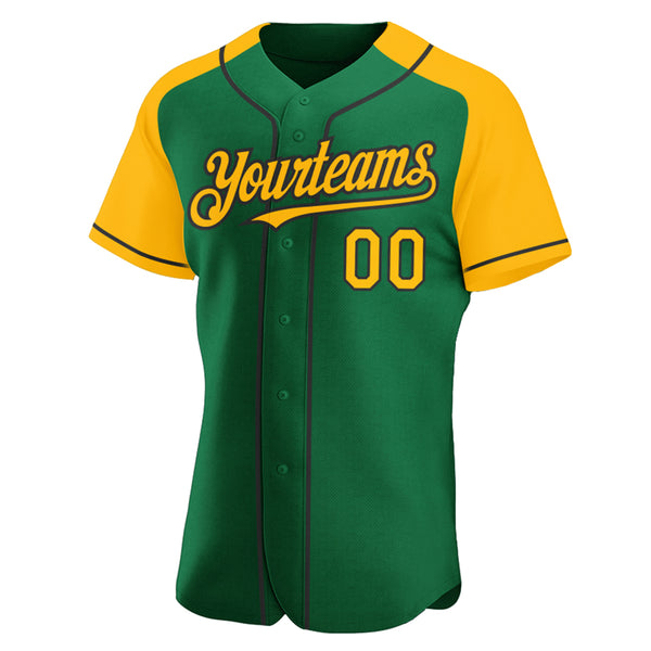 Custom Kelly Green Gold-Black Authentic Raglan Sleeves Baseball Jersey