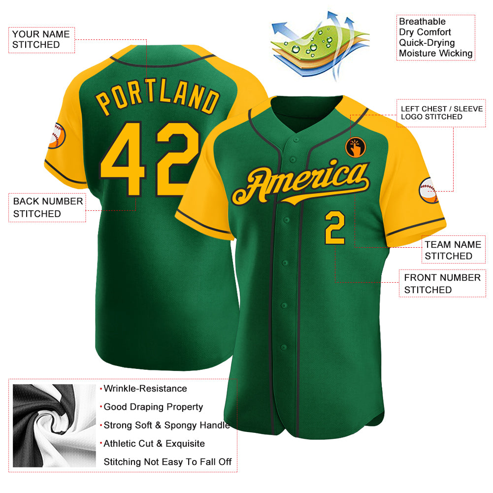 Custom Kelly Green Gold-Black Authentic Raglan Sleeves Baseball Jersey ...