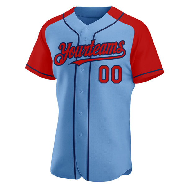 Custom Light Blue Red-Navy Authentic Raglan Sleeves Baseball Jersey