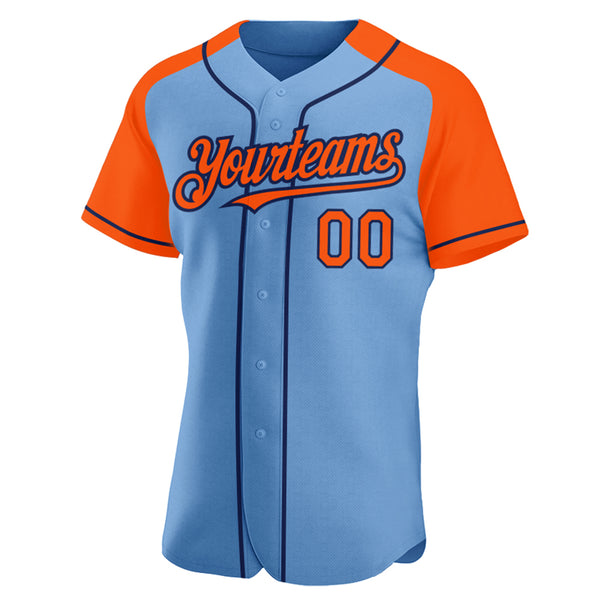 Custom Light Blue Orange-Navy Authentic Raglan Sleeves Baseball Jersey