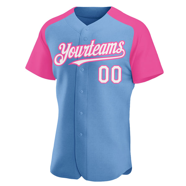 Custom Light Blue White-Pink Authentic Raglan Sleeves Baseball Jersey