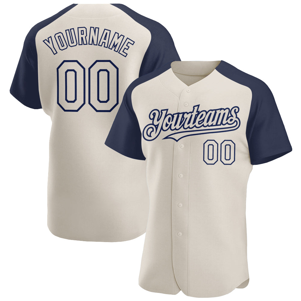 Custom Cream Navy Authentic Raglan Sleeves Baseball Jersey