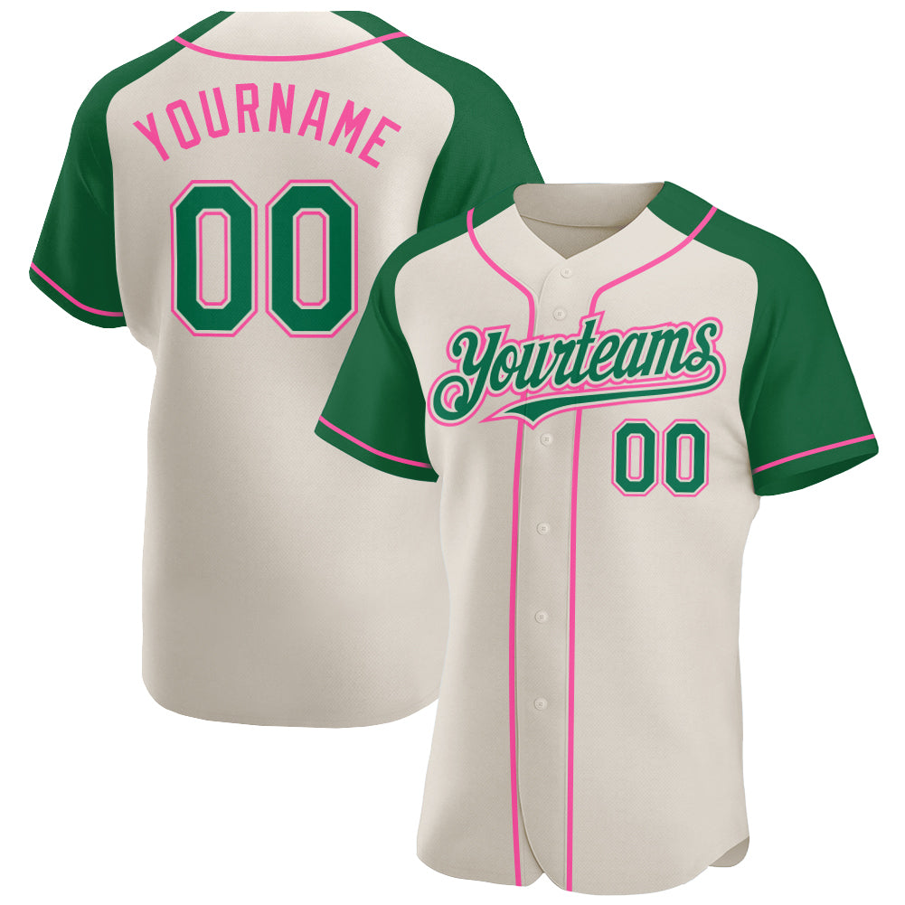 Custom Cream Kelly Green-Pink Authentic Raglan Sleeves Baseball Jersey