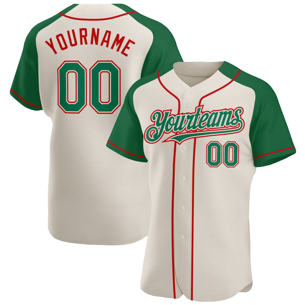 Custom Cream Kelly Green-Red Authentic Raglan Sleeves Baseball Jersey