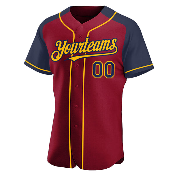 Custom Crimson Navy-Gold Authentic Raglan Sleeves Baseball Jersey