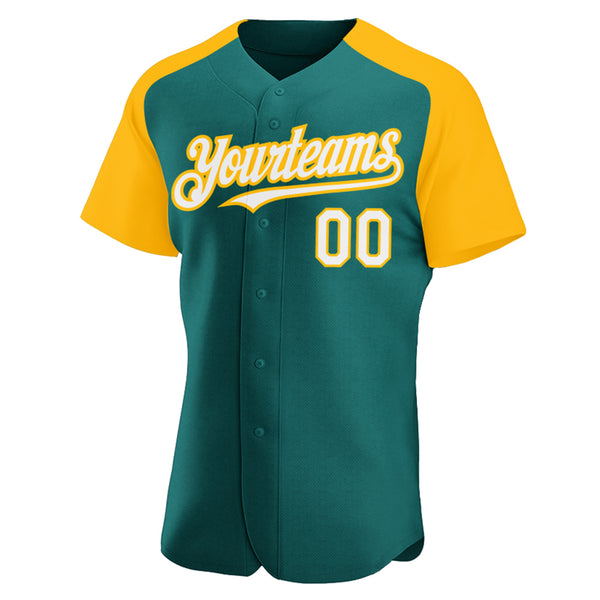 Custom Teal White-Gold Authentic Raglan Sleeves Baseball Jersey