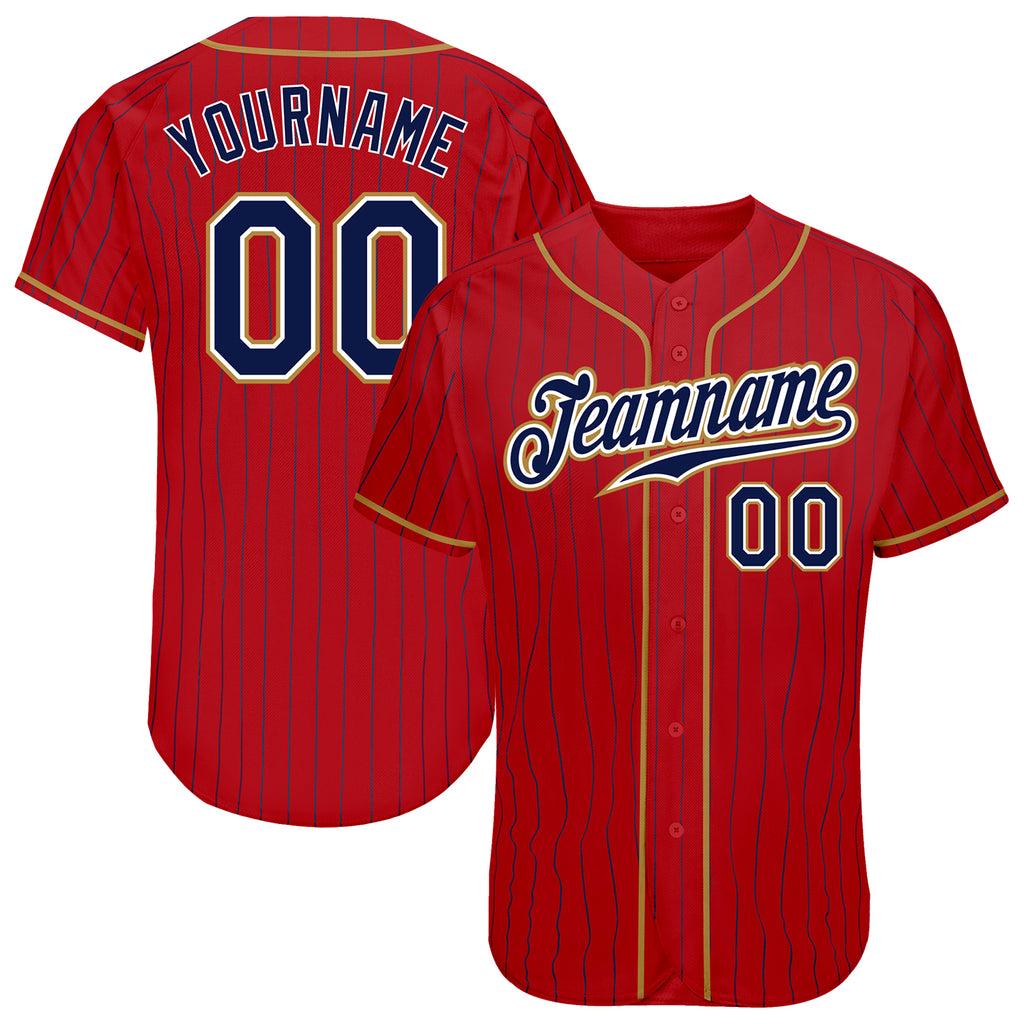 Custom Red Navy Pinstripe Navy-Old Gold Authentic Baseball Jersey