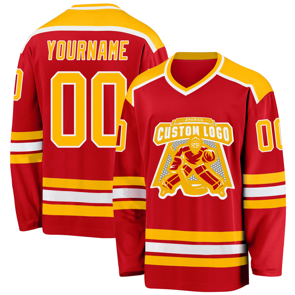 Custom Red Gold-White Hockey Jersey