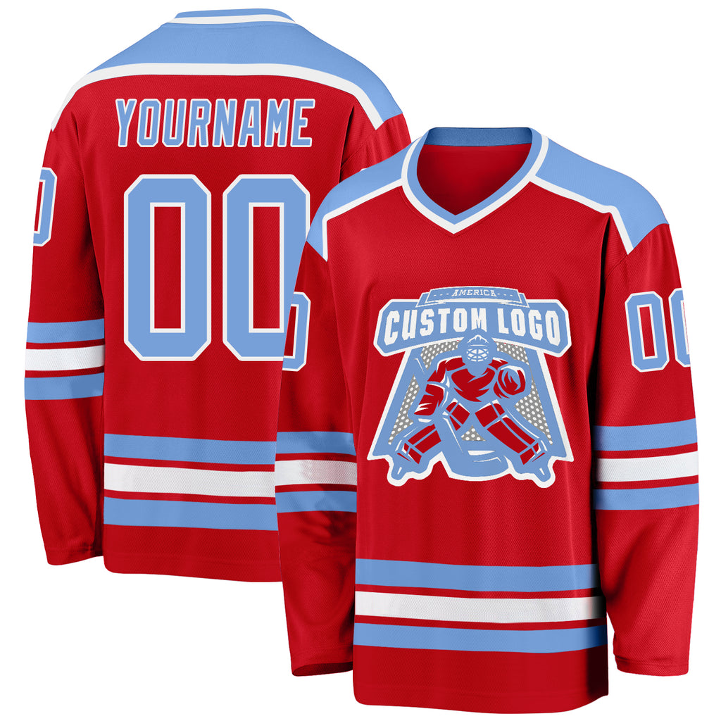 Custom Red Light Blue-White Hockey Jersey