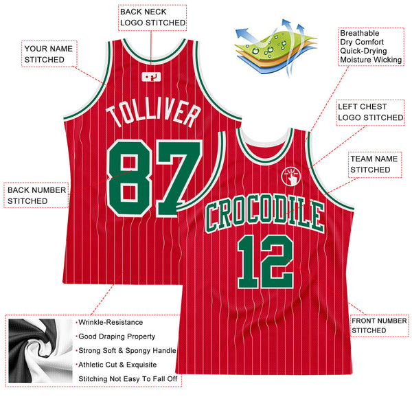 Custom Red White Pinstripe Kelly Green-White Authentic Basketball Jersey