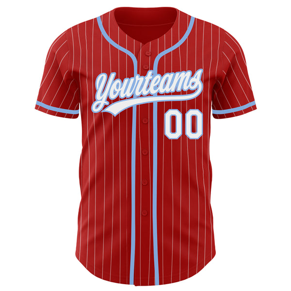 Custom Red White Pinstripe Light Blue Authentic Baseball Jersey