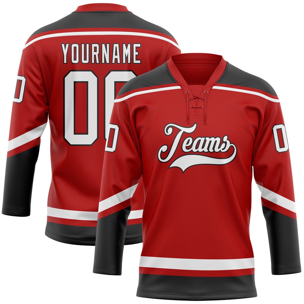 Custom Red White-Black Hockey Lace Neck Jersey