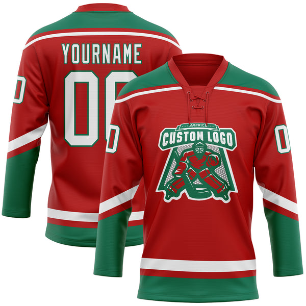 Custom Red White-Kelly Green Hockey Lace Neck Jersey