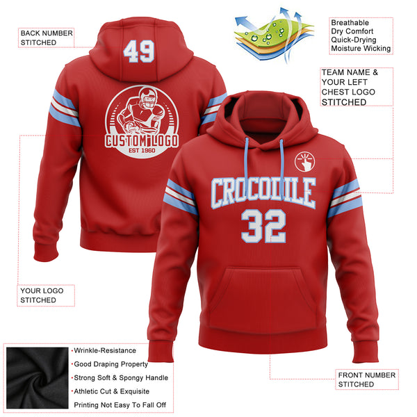 Custom Stitched Red White-Light Blue Football Pullover Sweatshirt Hoodie