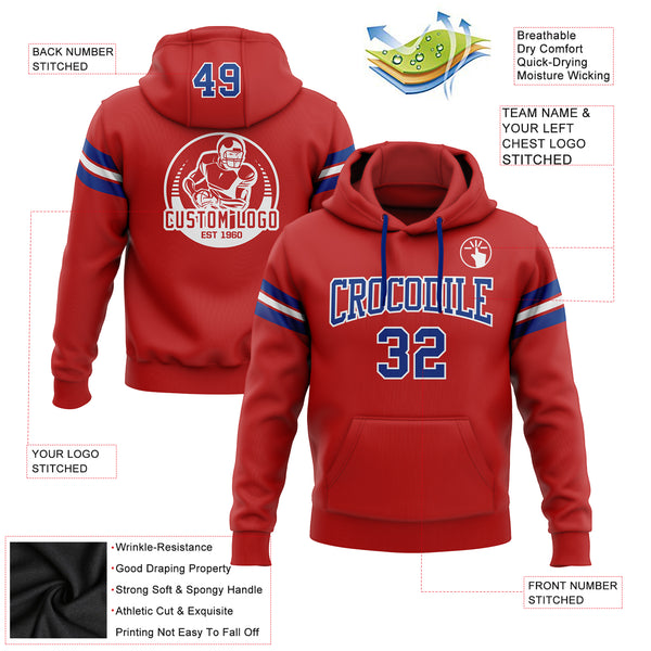 Custom Stitched Red Royal-White Football Pullover Sweatshirt Hoodie