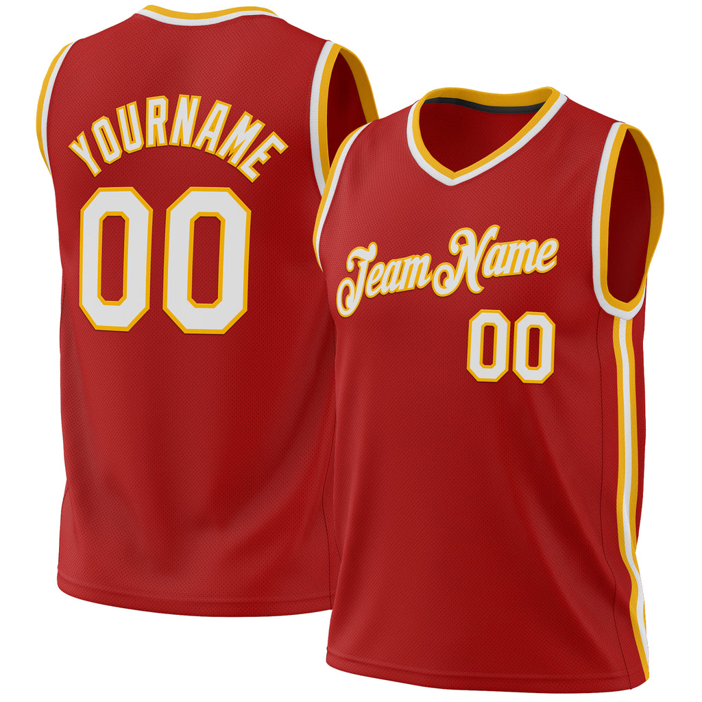 Custom Red White-Gold Authentic Throwback Basketball Jersey