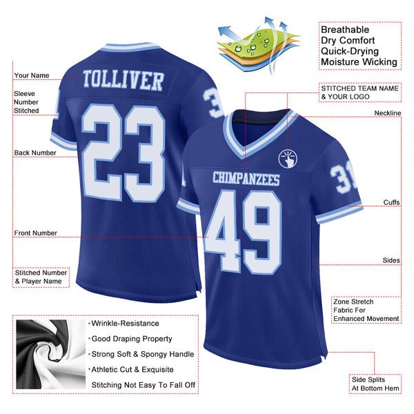 Custom Royal White-Light Blue Mesh Authentic Throwback Football Jersey