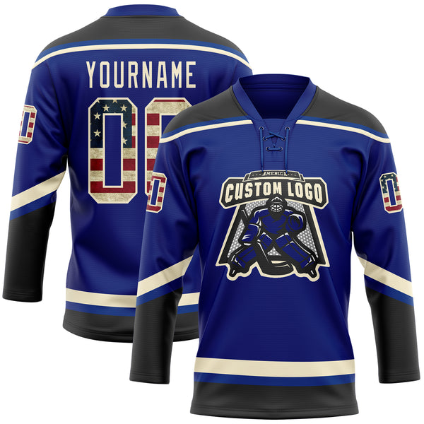 Custom Royal Vintage USA Flag Black-Cream Hockey Lace Neck Jersey