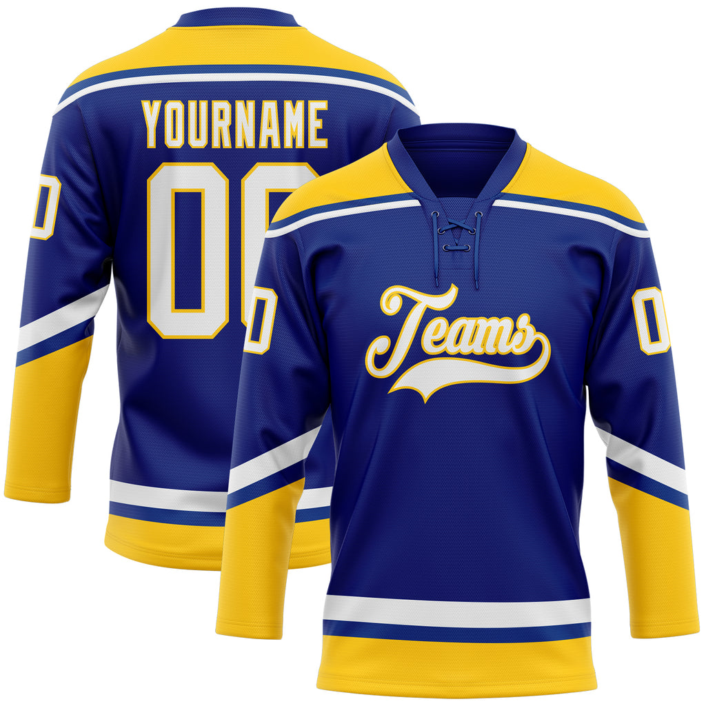 Custom Royal White-Yellow Hockey Lace Neck Jersey