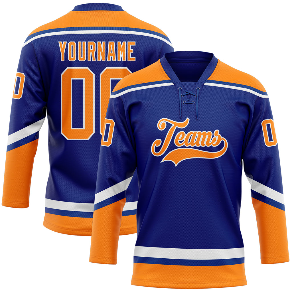 Custom Royal Bay Orange-White Hockey Lace Neck Jersey