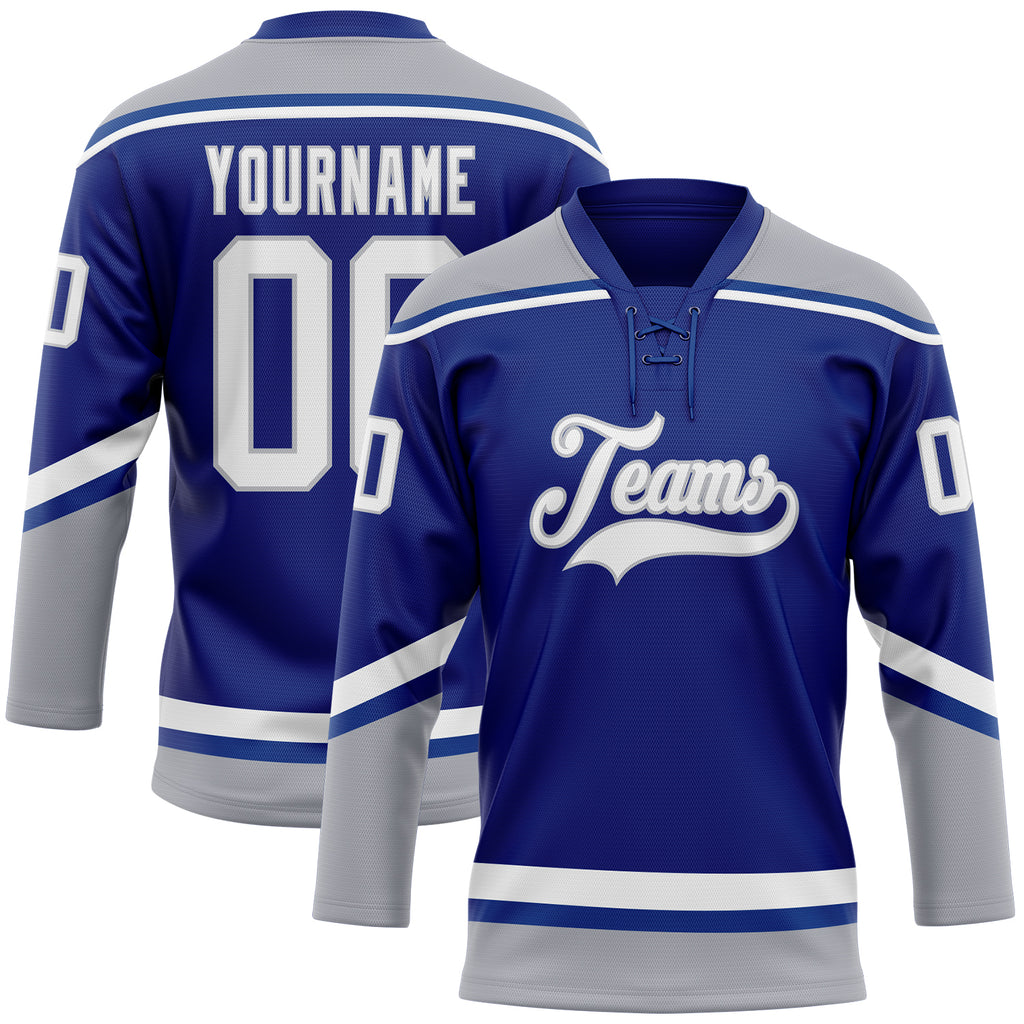 Custom Royal White-Gray Hockey Lace Neck Jersey